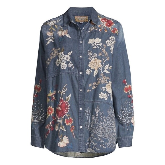 JOHNNY WAS | Embroidered Denim Jacket Button Down Shirt - Picture 1 of 7